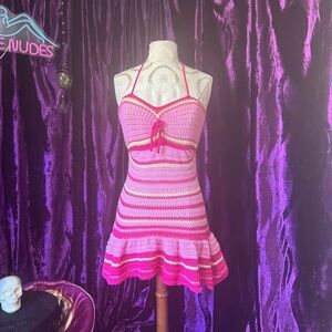 Pink and White Crochet Halter Dress